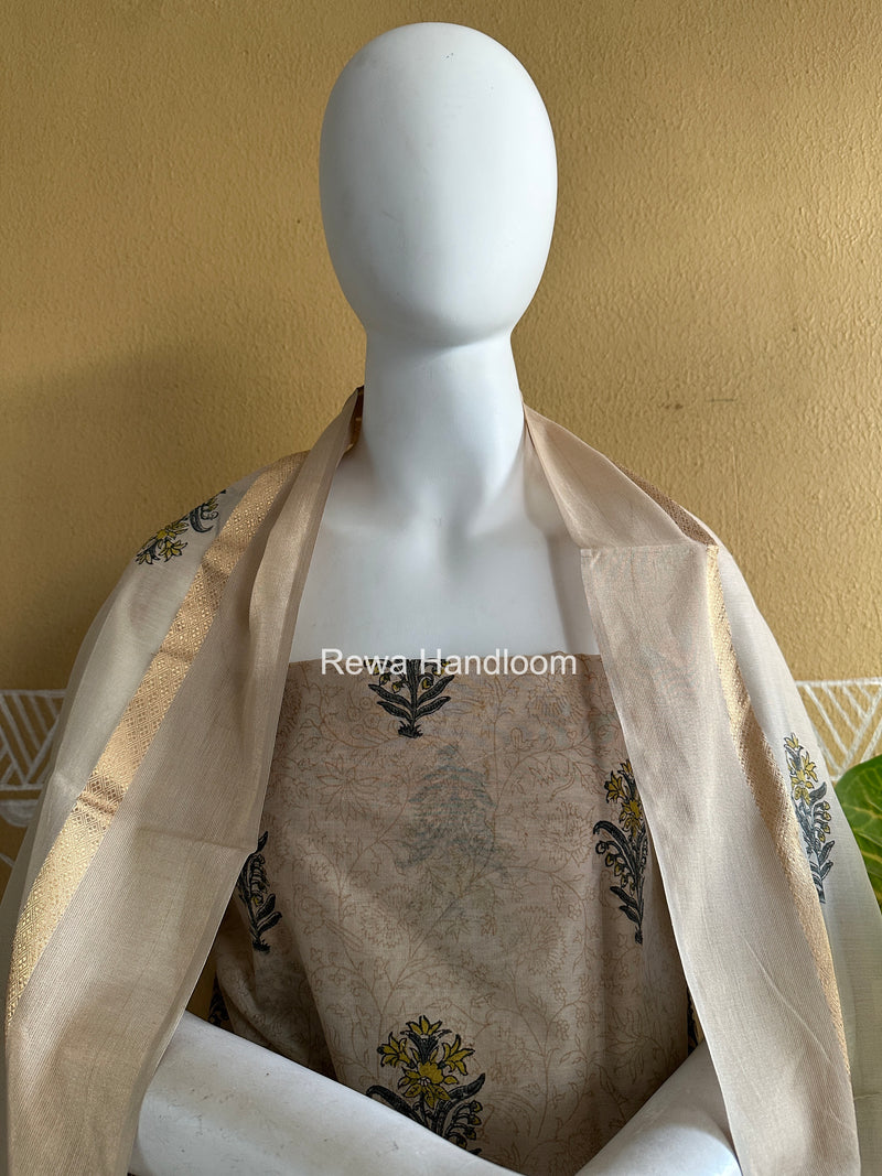 Maheshwari Beige Handblock Print Top-Dupatta HBS0218