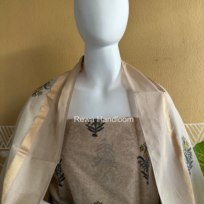 Maheshwari Beige Handblock Print Top-Dupatta HBS0218