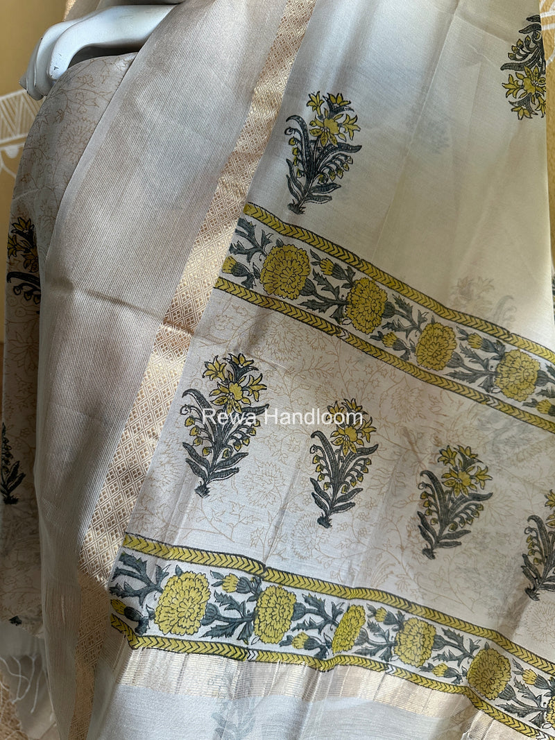 Maheshwari Beige Handblock Print Top-Dupatta HBS0218