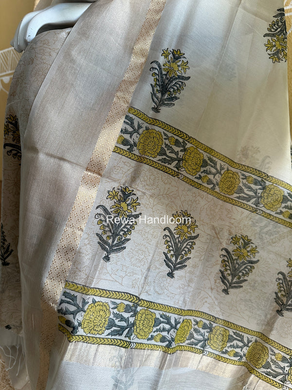 Maheshwari Beige Handblock Print Top-Dupatta HBS0218