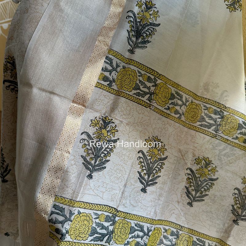 Maheshwari Beige Handblock Print Top-Dupatta HBS0218