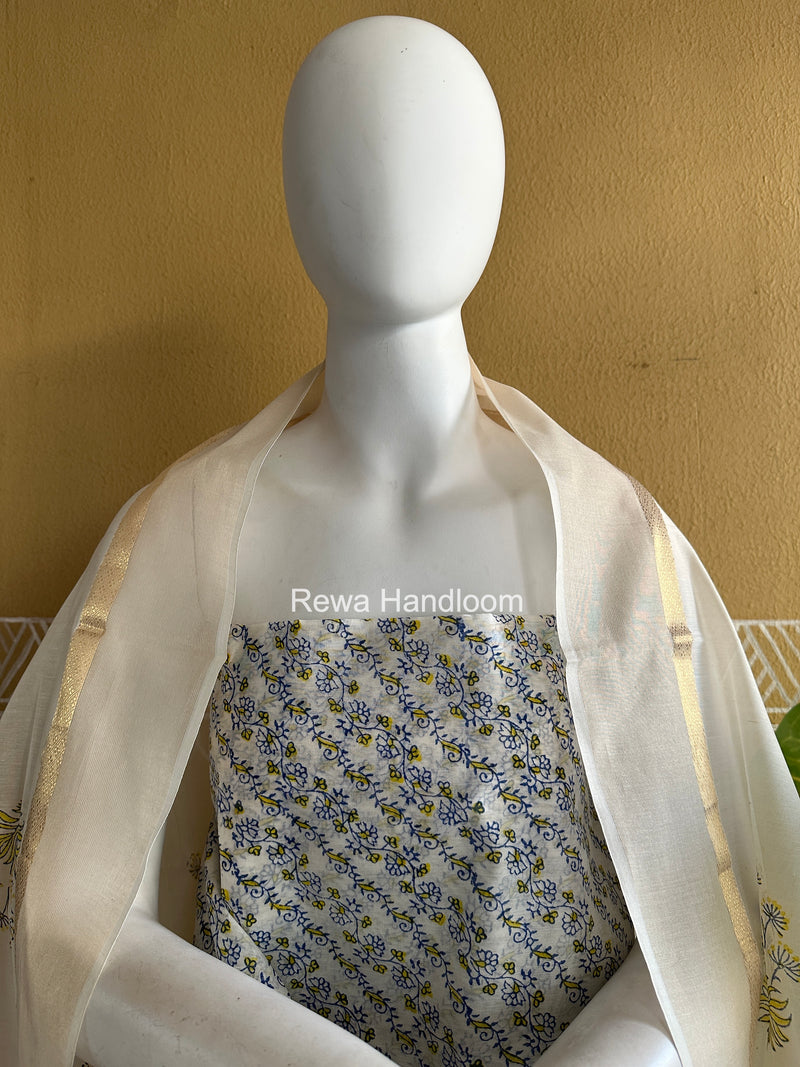 Maheshwari White Handblock Print Top-Dupatta HBS0201