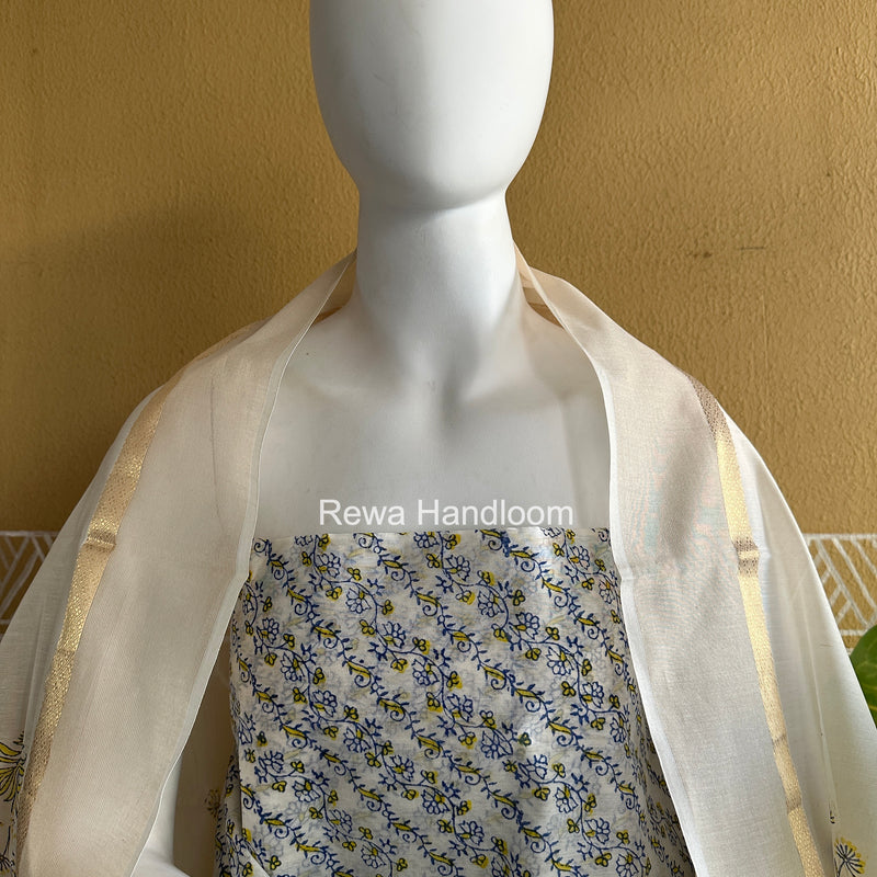 Maheshwari White Handblock Print Top-Dupatta HBS0201
