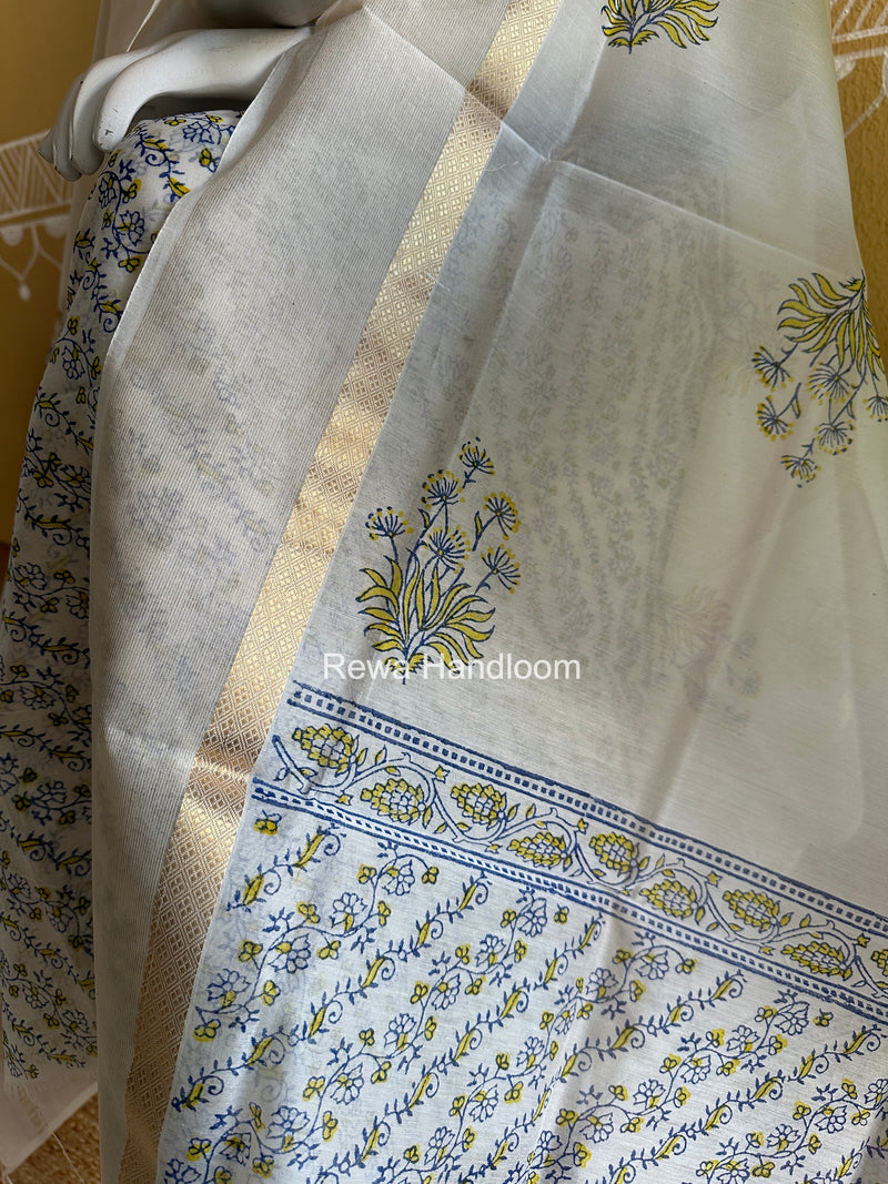 Maheshwari White Handblock Print Top-Dupatta HBS0201