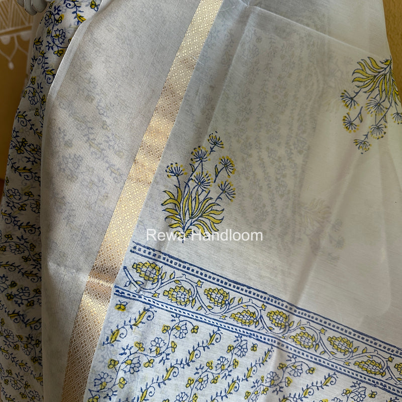 Maheshwari White Handblock Print Top-Dupatta HBS0201