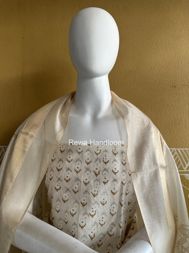 Maheshwari White Handblock Print Top-Dupatta HBS0190