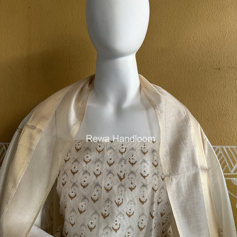 Maheshwari White Handblock Print Top-Dupatta HBS0190