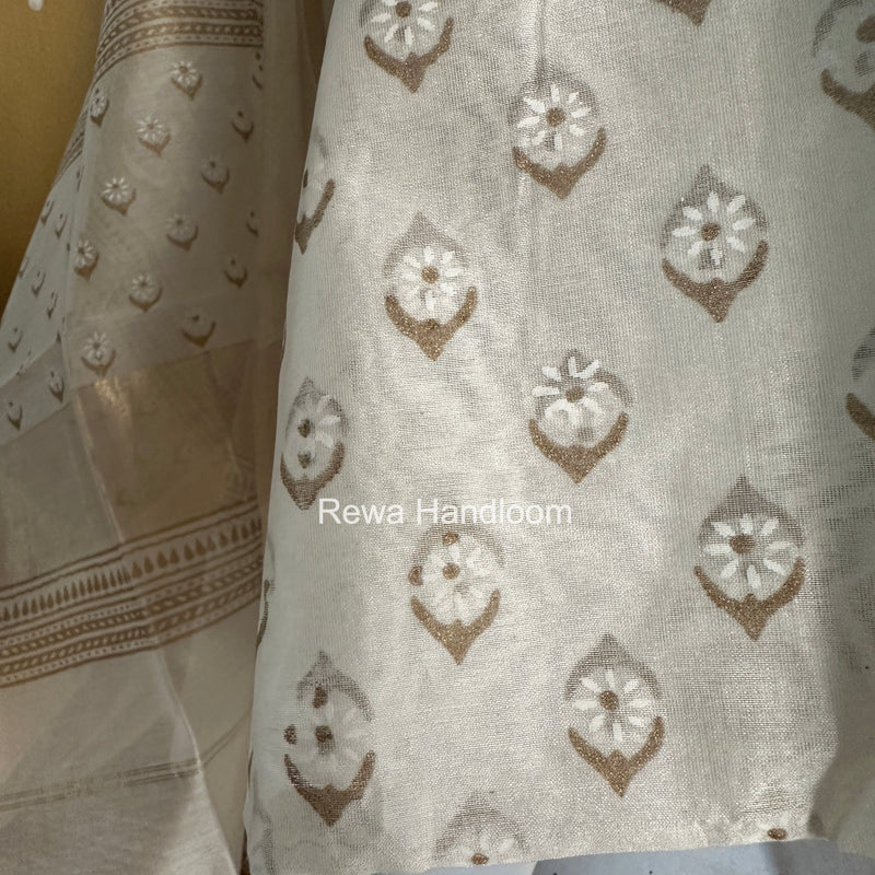 Maheshwari White Handblock Print Top-Dupatta HBS0190
