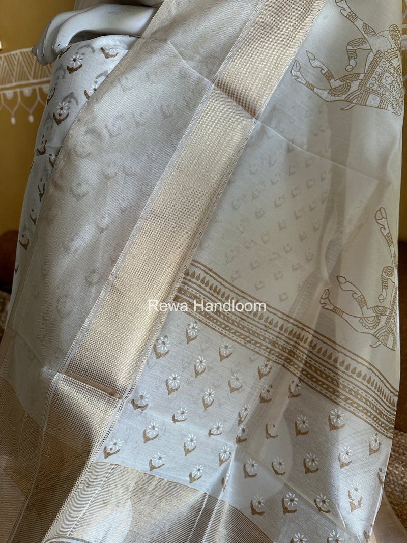 Maheshwari White Handblock Print Top-Dupatta HBS0190