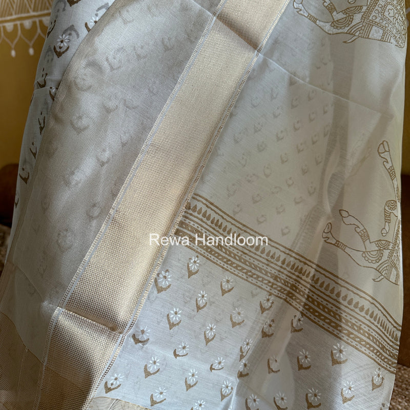 Maheshwari White Handblock Print Top-Dupatta HBS0190