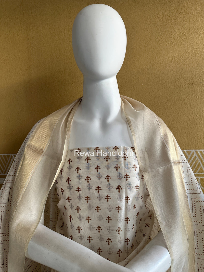Maheshwari White Handblock Print Top-Dupatta HBS0199