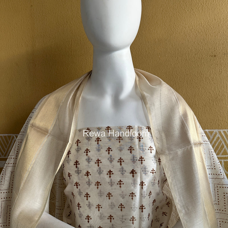 Maheshwari White Handblock Print Top-Dupatta HBS0199