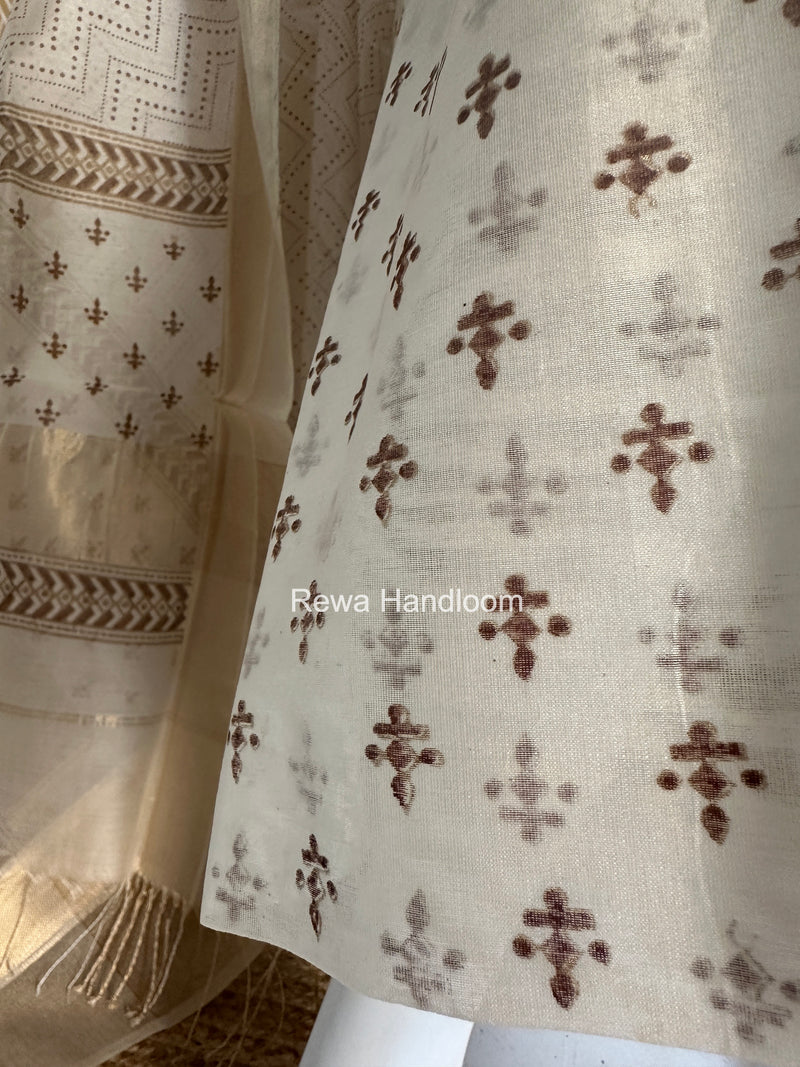 Maheshwari White Handblock Print Top-Dupatta HBS0199