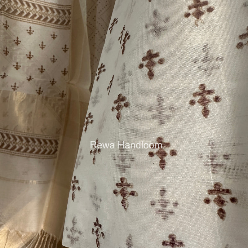Maheshwari White Handblock Print Top-Dupatta HBS0199