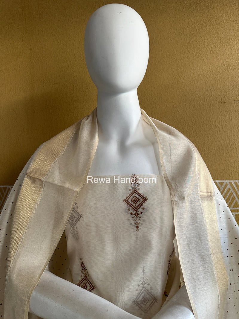 Maheshwari White Handblock Print Top-Dupatta HBS0189