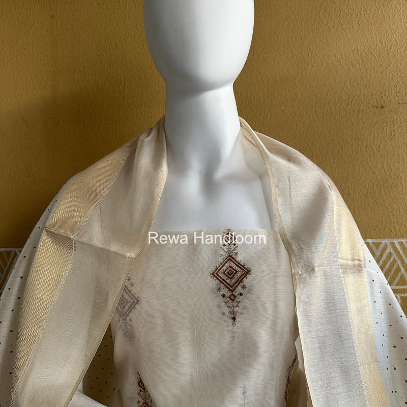 Maheshwari White Handblock Print Top-Dupatta HBS0189