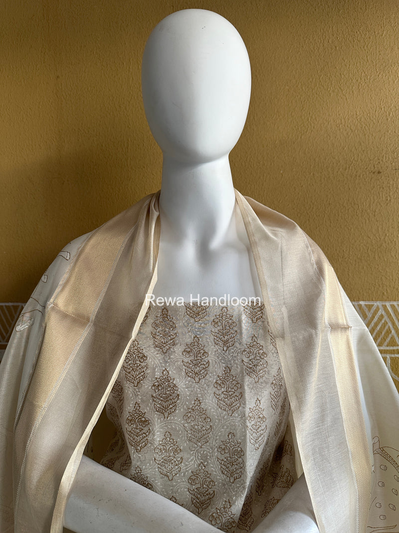 Maheshwari White Handblock Print Top-Dupatta HBS0198