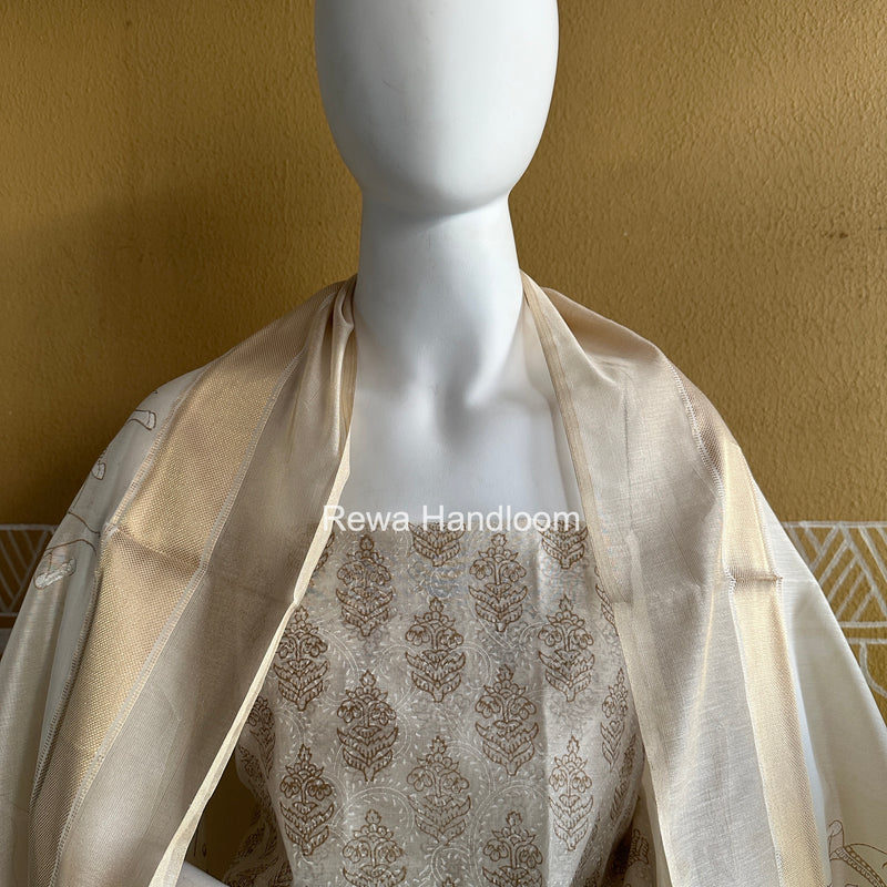 Maheshwari White Handblock Print Top-Dupatta HBS0198