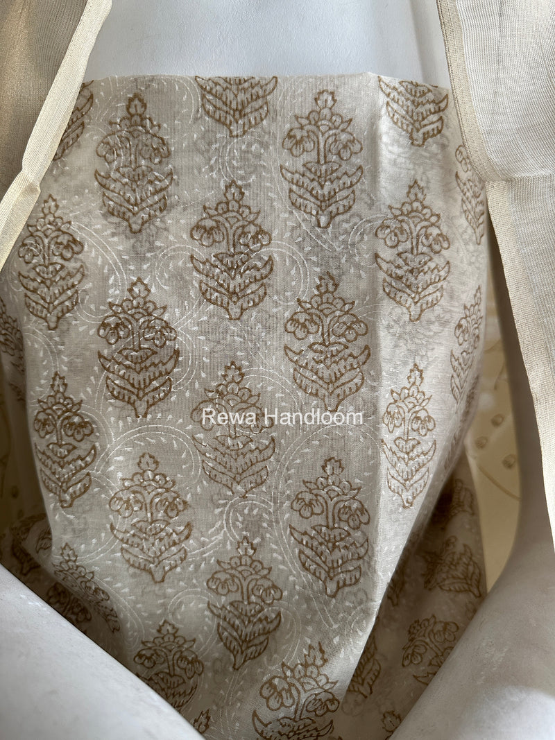 Maheshwari White Handblock Print Top-Dupatta HBS0198