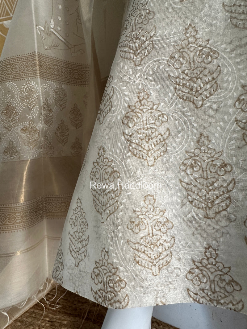 Maheshwari White Handblock Print Top-Dupatta HBS0198