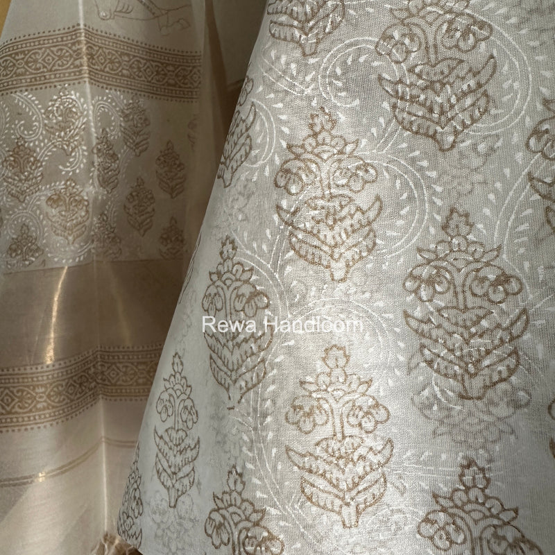 Maheshwari White Handblock Print Top-Dupatta HBS0198