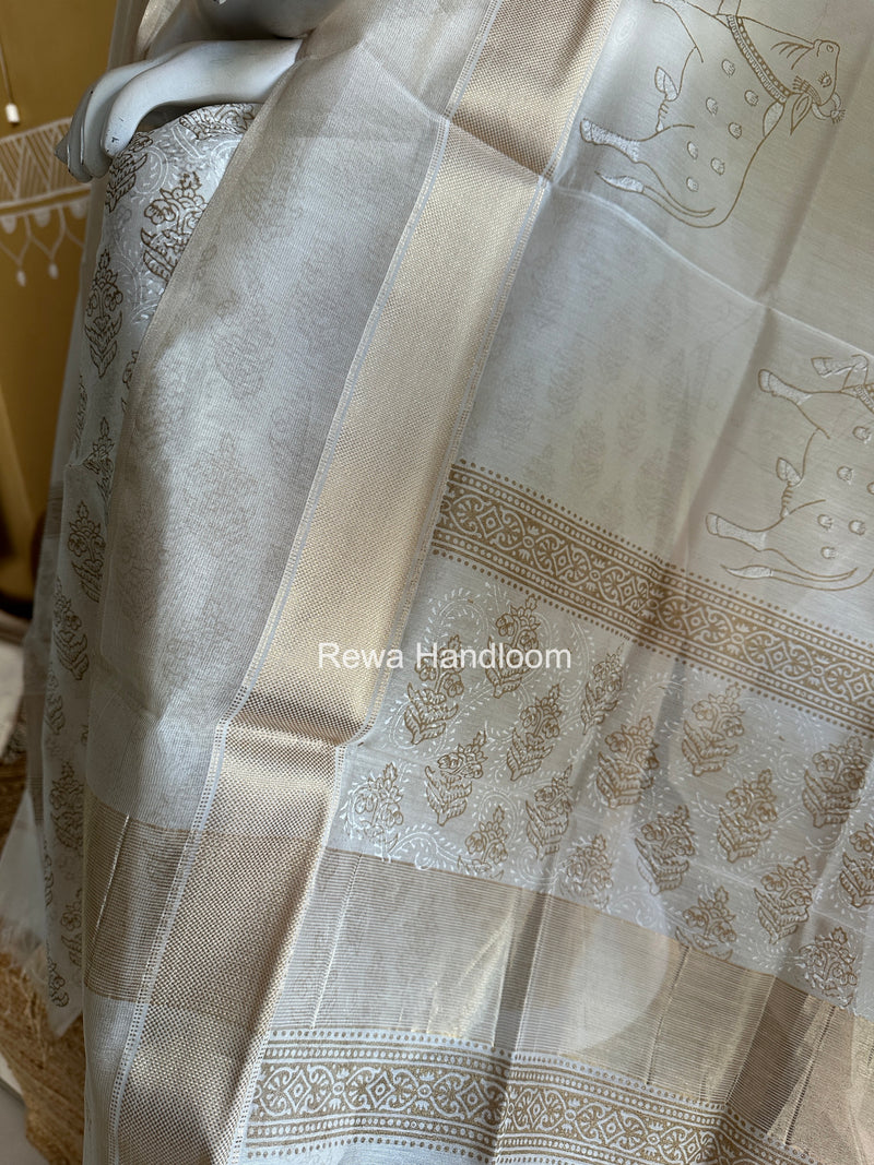 Maheshwari White Handblock Print Top-Dupatta HBS0198