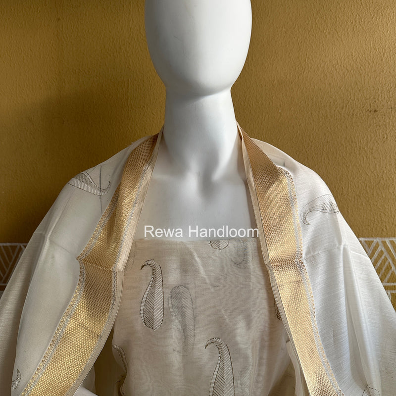 Maheshwari White Handblock Print Top-Dupatta HBS0195