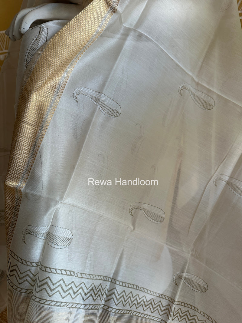 Maheshwari White Handblock Print Top-Dupatta HBS0195