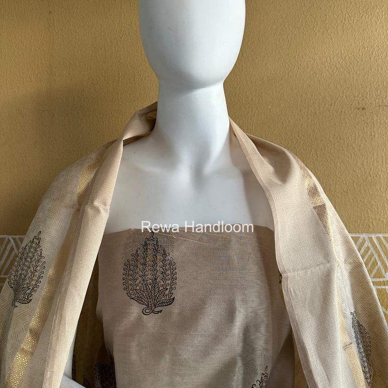 Maheshwari Beige Handblock Print Top-Dupatta HBS0200