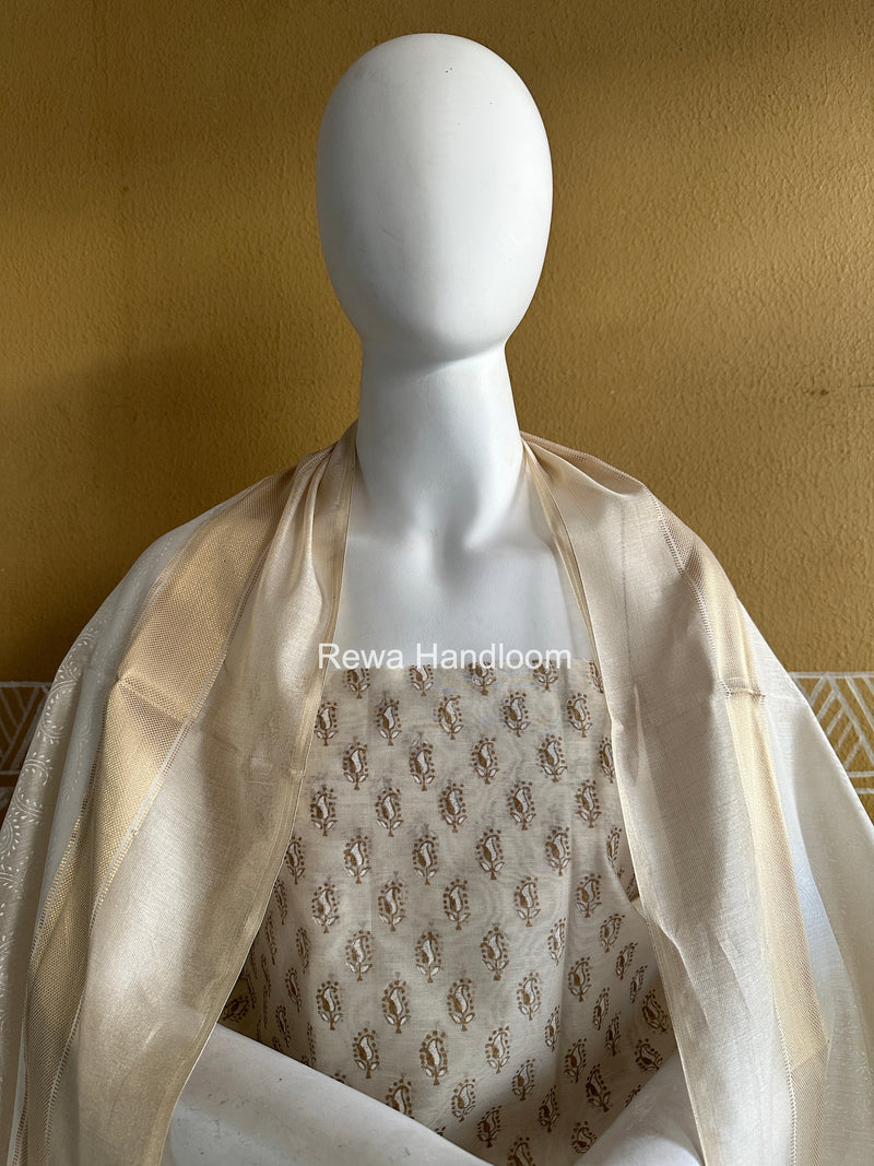 Maheshwari White Handblock Print Top-Dupatta HBS0197