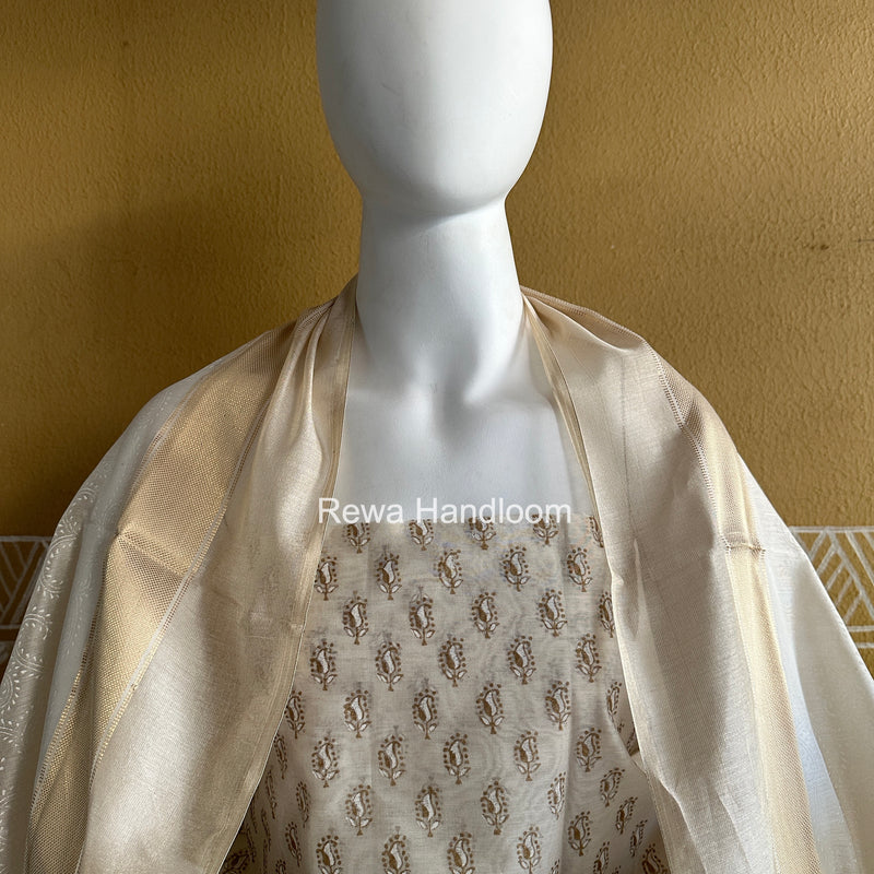 Maheshwari White Handblock Print Top-Dupatta HBS0197
