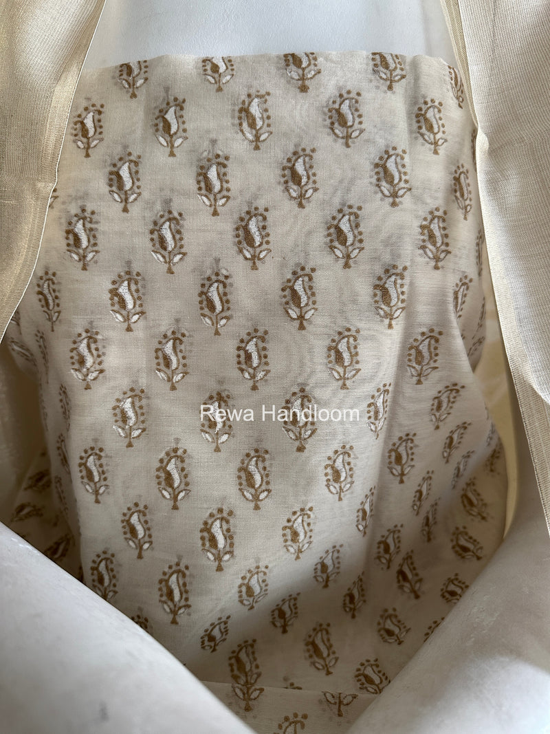 Maheshwari White Handblock Print Top-Dupatta HBS0197