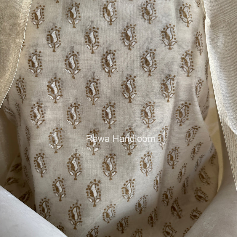 Maheshwari White Handblock Print Top-Dupatta HBS0197