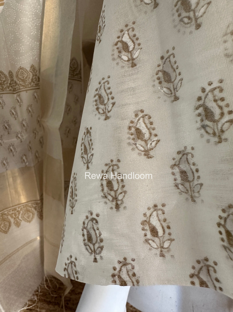 Maheshwari White Handblock Print Top-Dupatta HBS0197