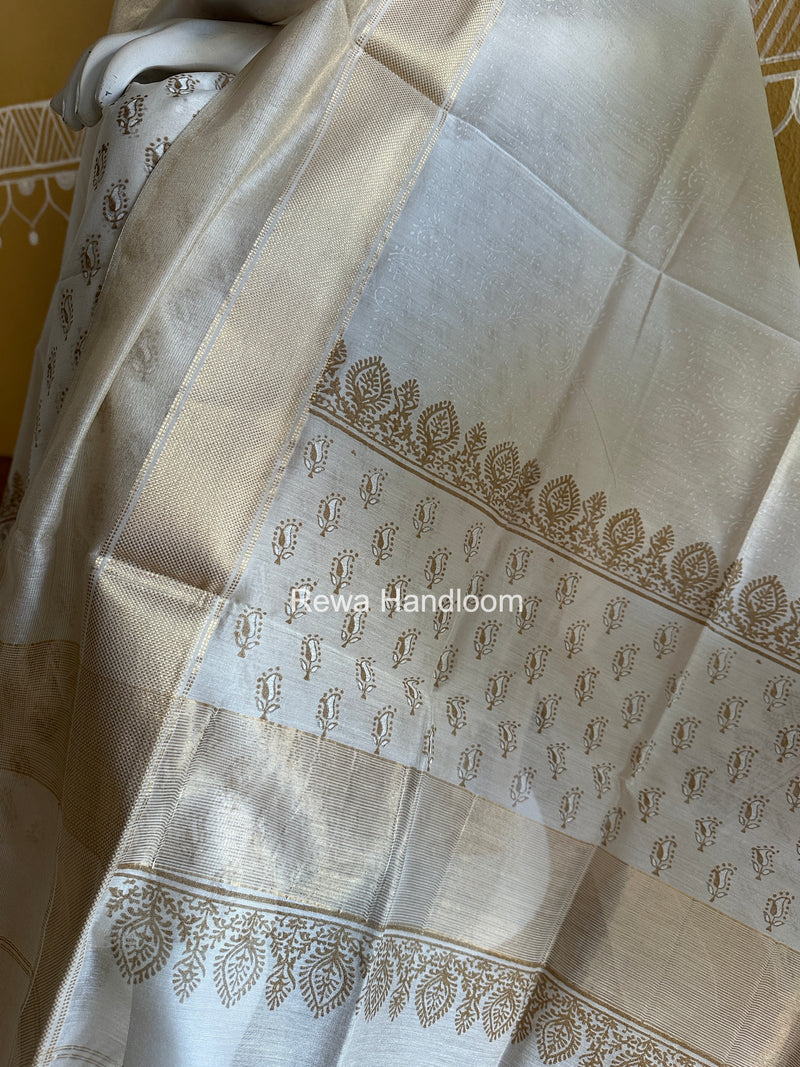 Maheshwari White Handblock Print Top-Dupatta HBS0197