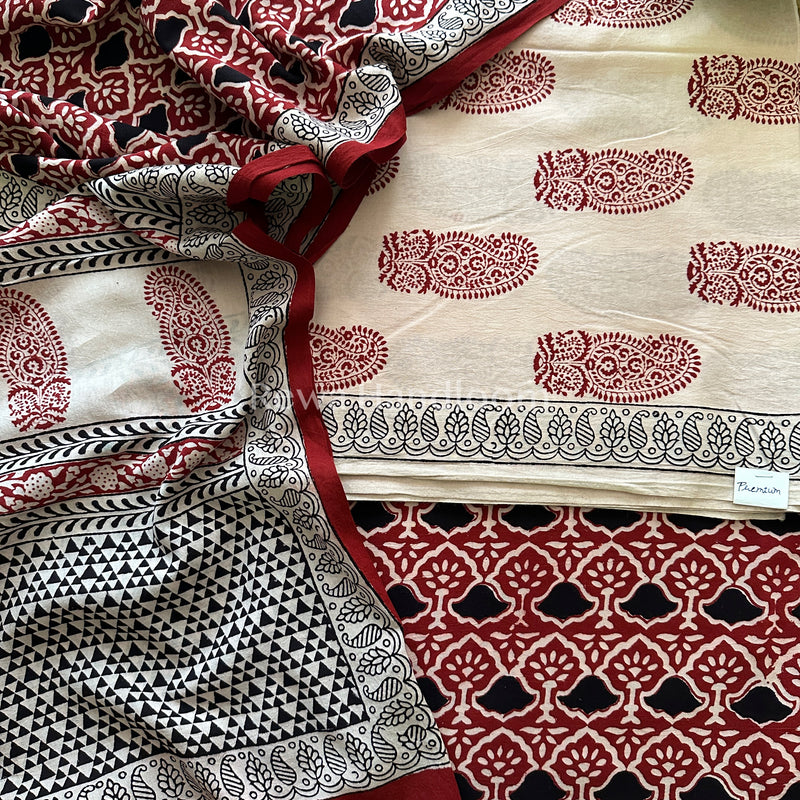 Off White-Red Bagh Print Cotton Suit-BCSP49
