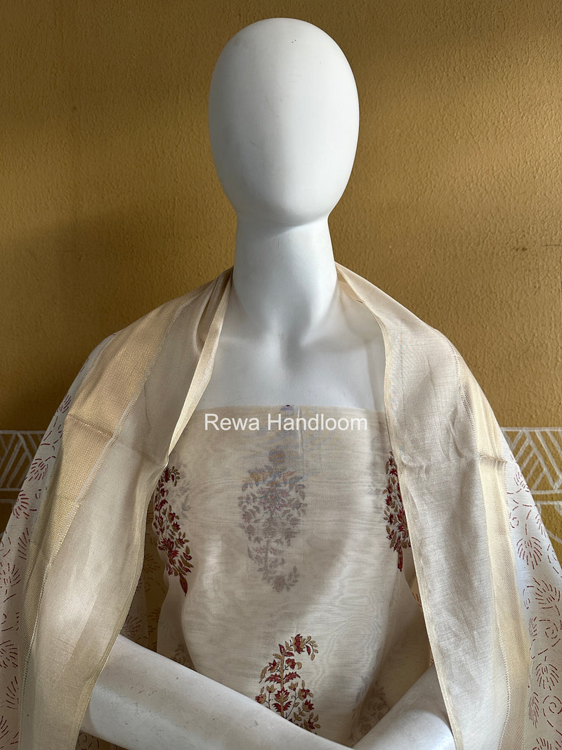 Maheshwari White Handblock Print Top-Dupatta HBS0193