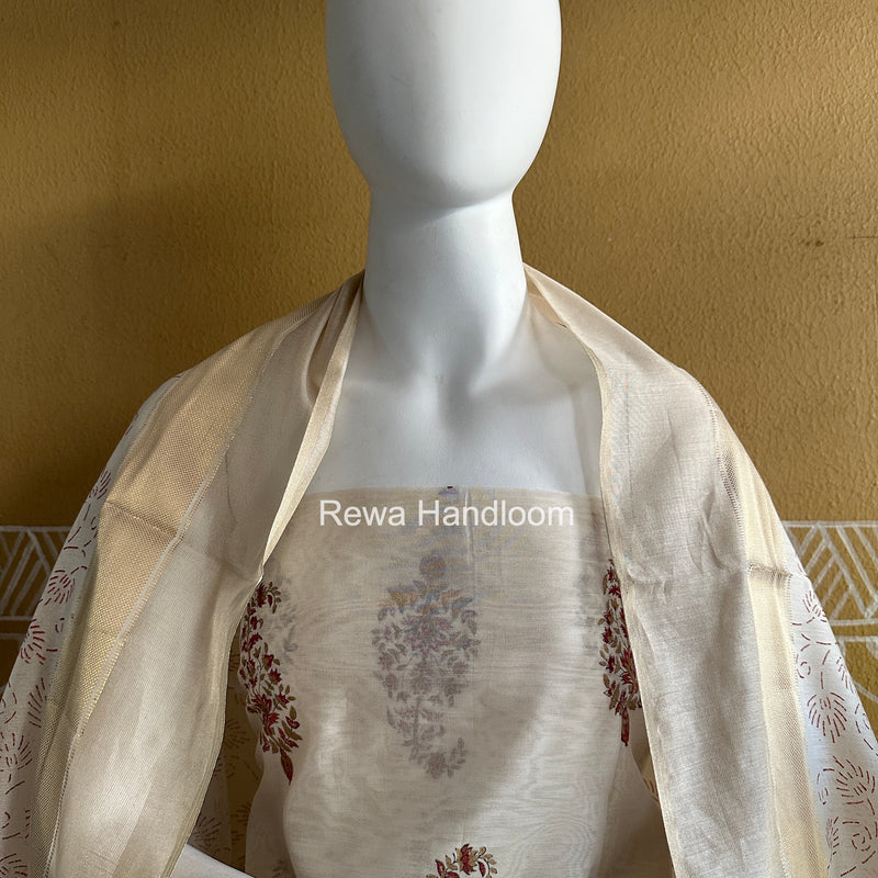 Maheshwari White Handblock Print Top-Dupatta HBS0193
