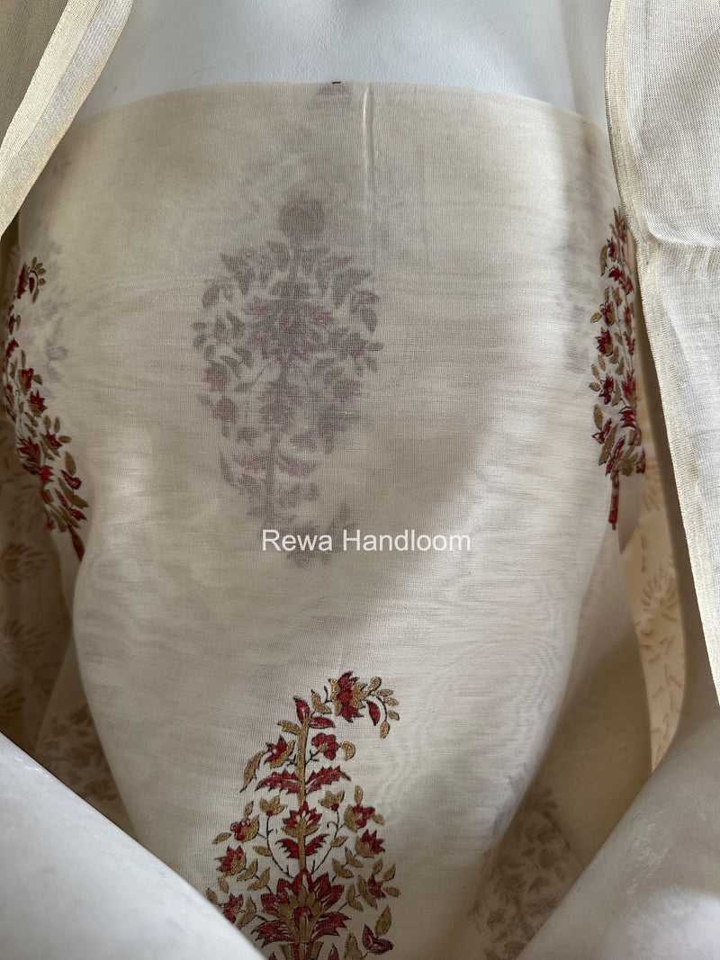 Maheshwari White Handblock Print Top-Dupatta HBS0193