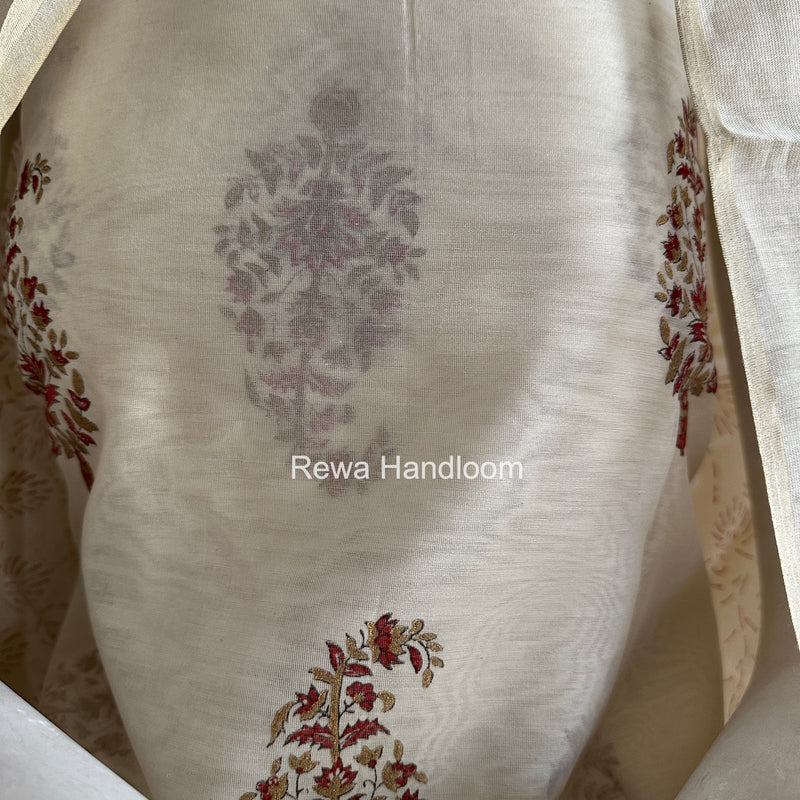 Maheshwari White Handblock Print Top-Dupatta HBS0193