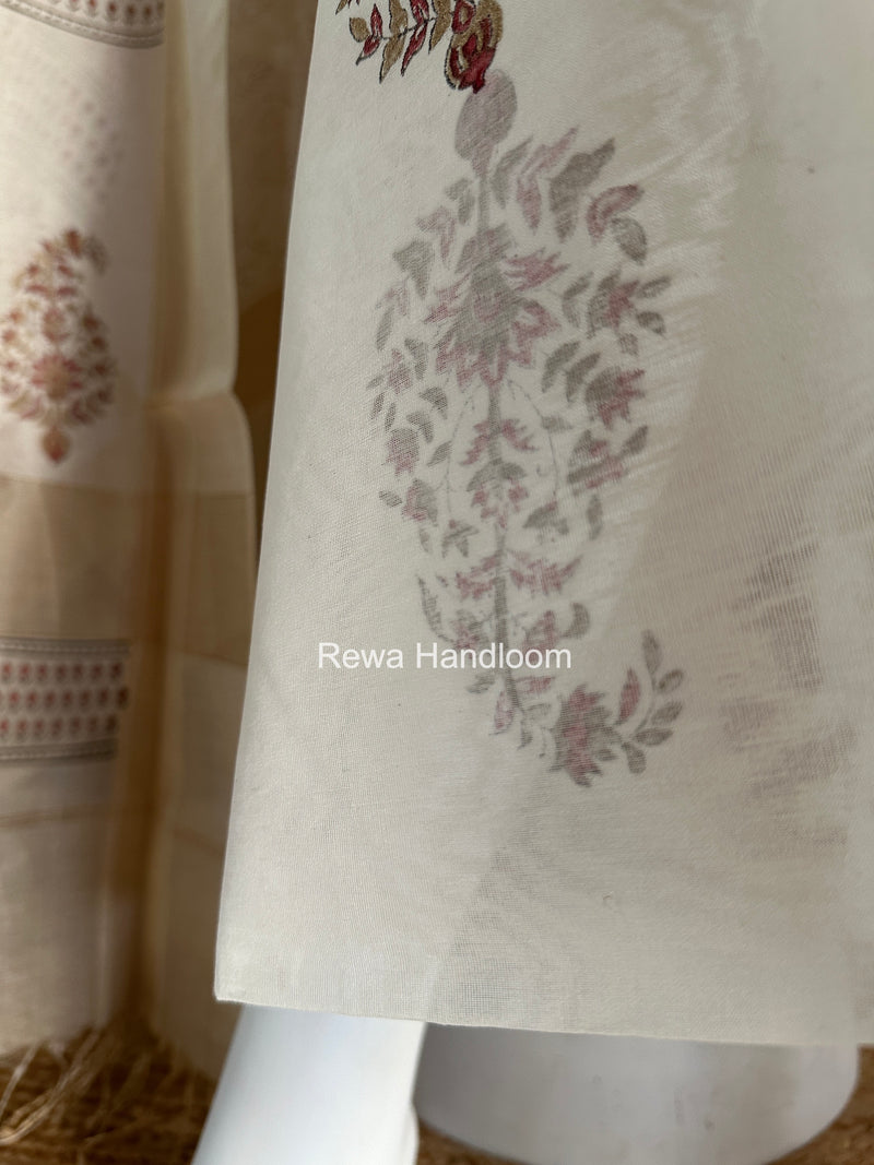 Maheshwari White Handblock Print Top-Dupatta HBS0193