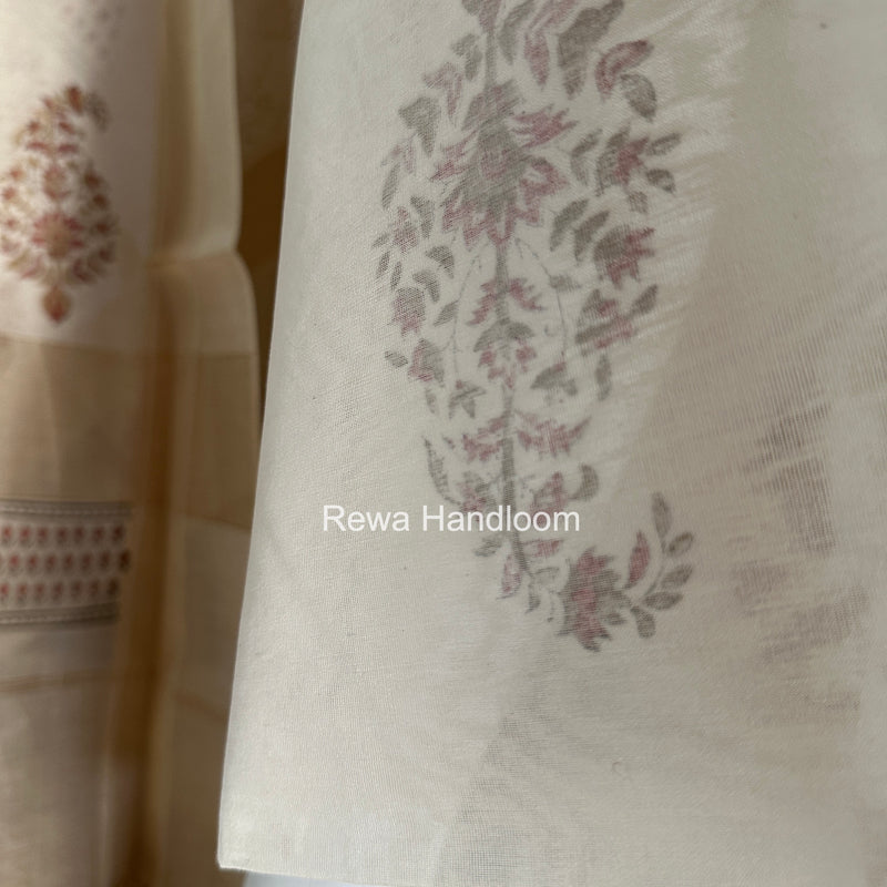 Maheshwari White Handblock Print Top-Dupatta HBS0193