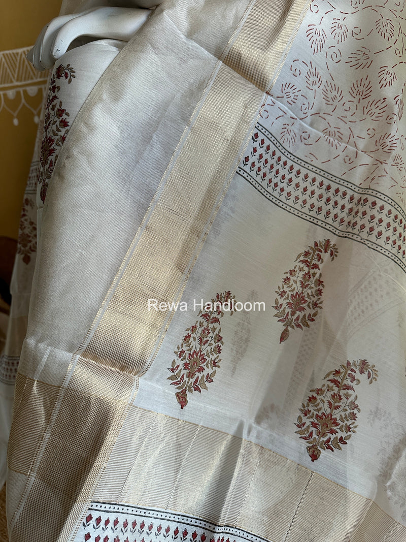 Maheshwari White Handblock Print Top-Dupatta HBS0193