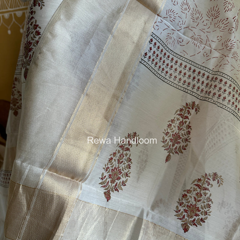 Maheshwari White Handblock Print Top-Dupatta HBS0193