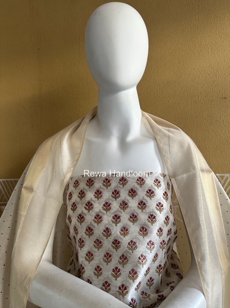 Maheshwari White Handblock Print Top-Dupatta HBS0191