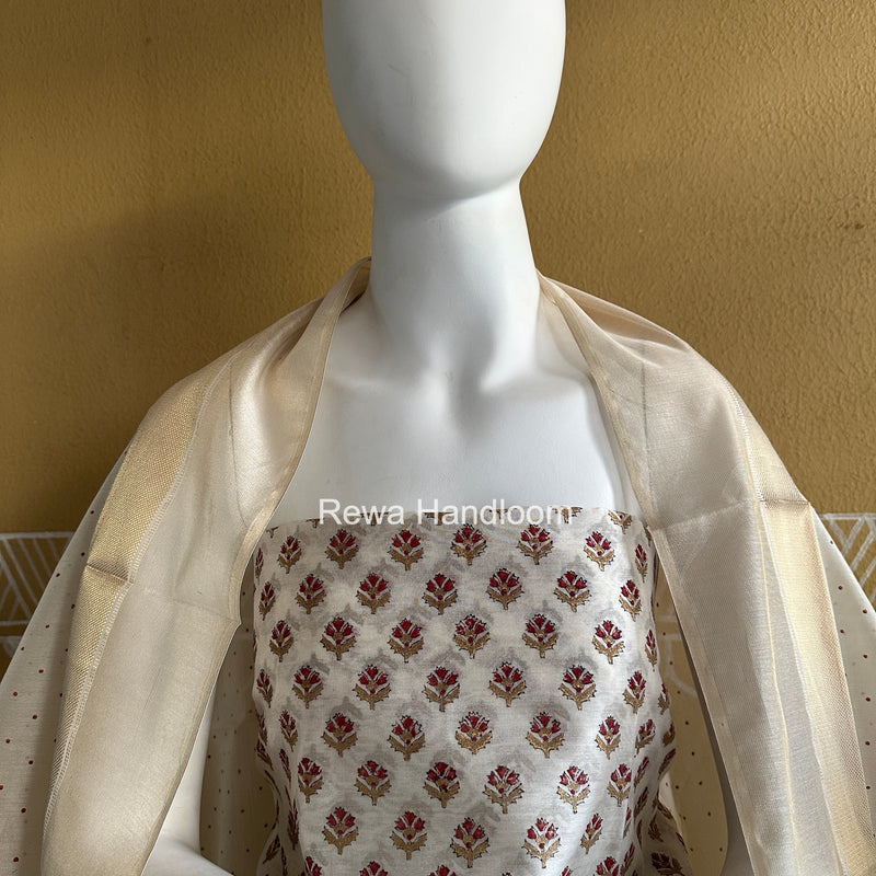 Maheshwari White Handblock Print Top-Dupatta HBS0191