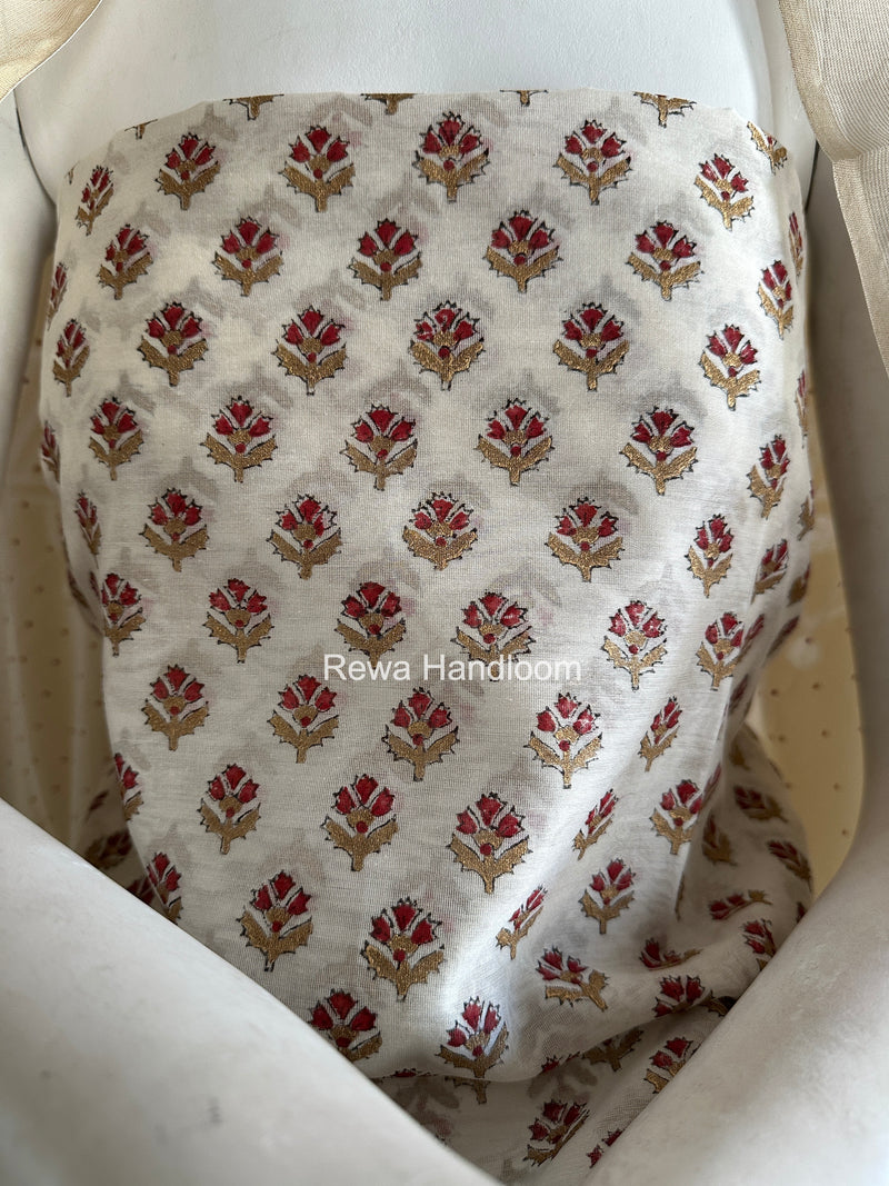 Maheshwari White Handblock Print Top-Dupatta HBS0191