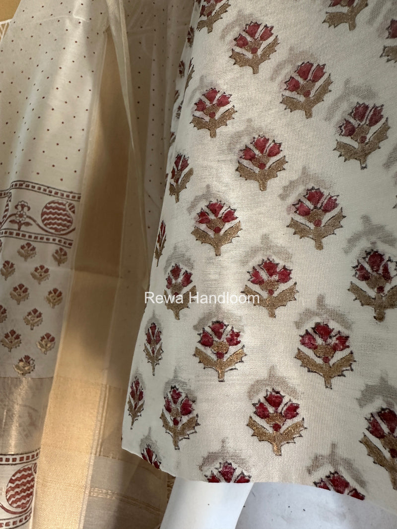 Maheshwari White Handblock Print Top-Dupatta HBS0191