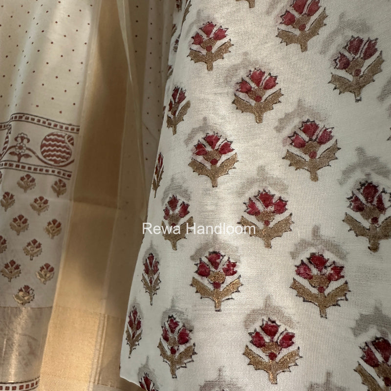 Maheshwari White Handblock Print Top-Dupatta HBS0191