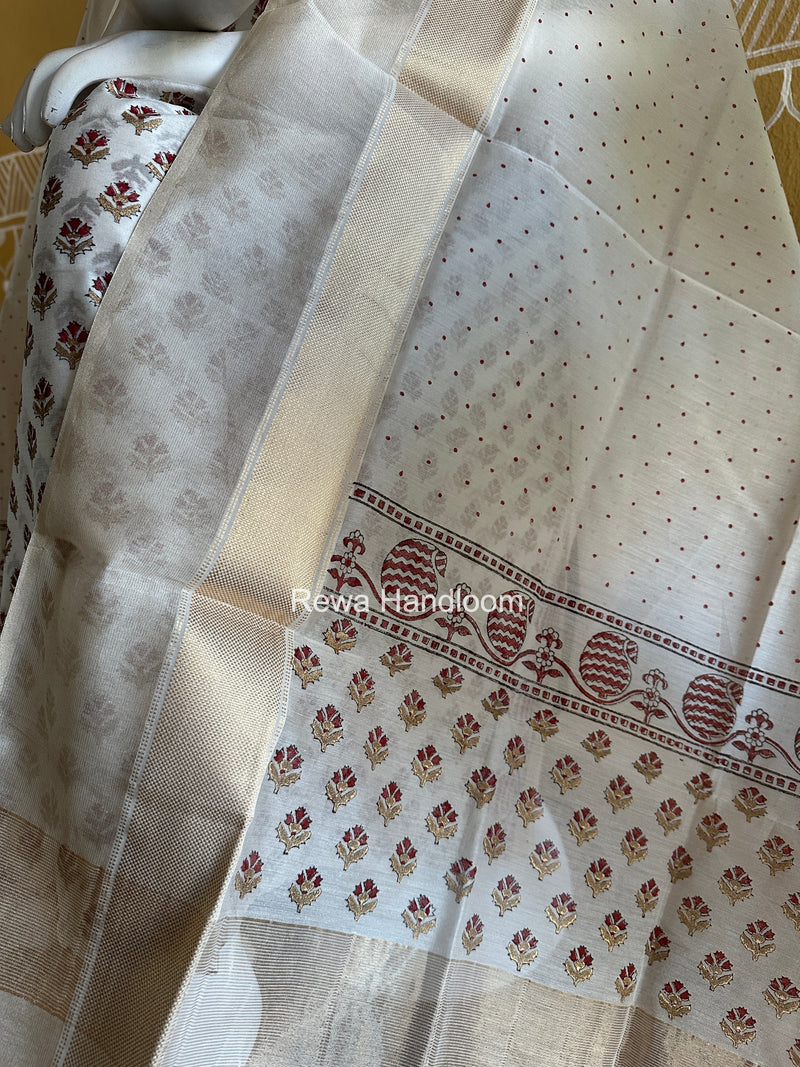 Maheshwari White Handblock Print Top-Dupatta HBS0191